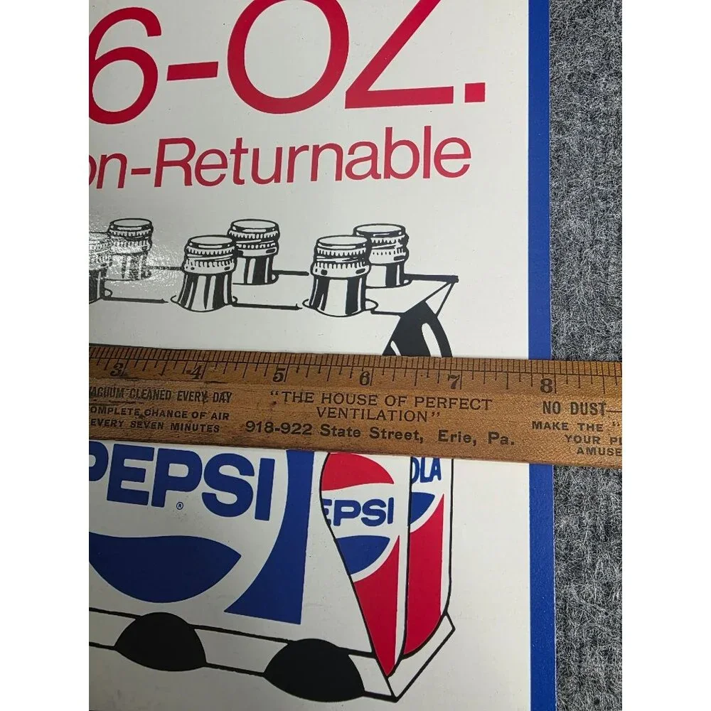 Vintage Pepsi Cola Advertisement Sign 16-Oz Non-Returnable Bottles Red/Blue Logo